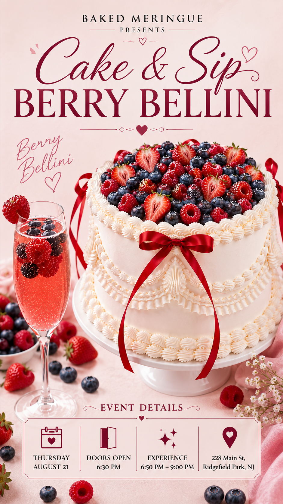 Berry Bellini Cake & Sip | Vintage Cake Decorating Experience