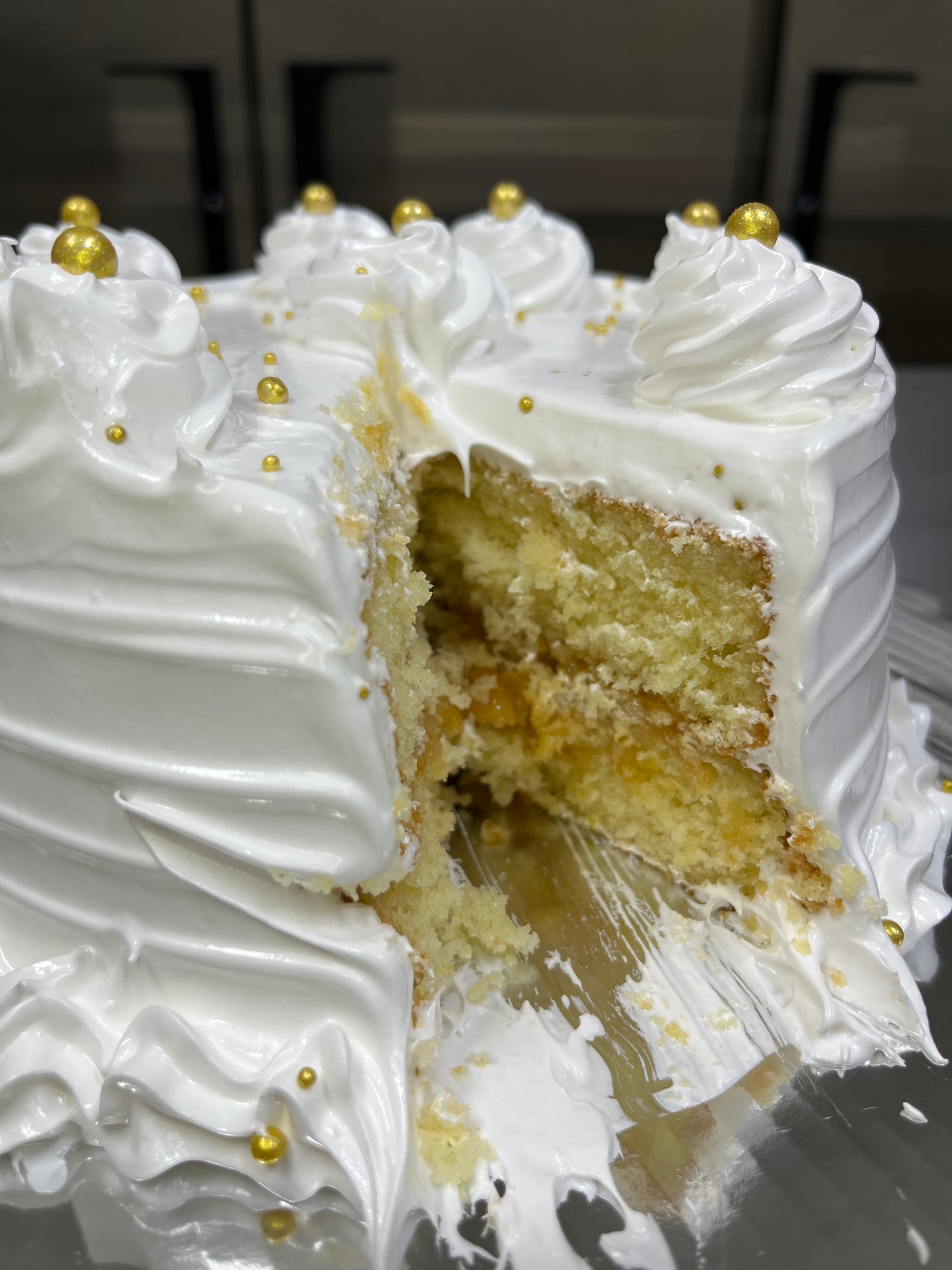 Close-up of moist Dominican cake made with Baked Meringue Dominican Cake Mix